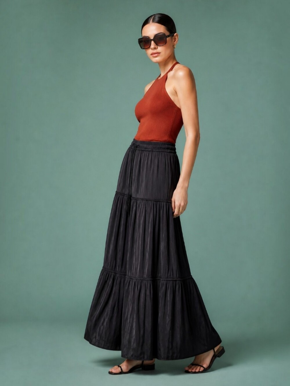 joie satin silky tiered maxi skirt black medium nwt